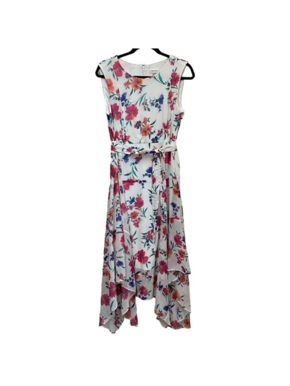 Calvin Klein Womens 10 Sleeveless Midi Dress with Asymmetrical Hem Floral Belted - Picture 1 of 7